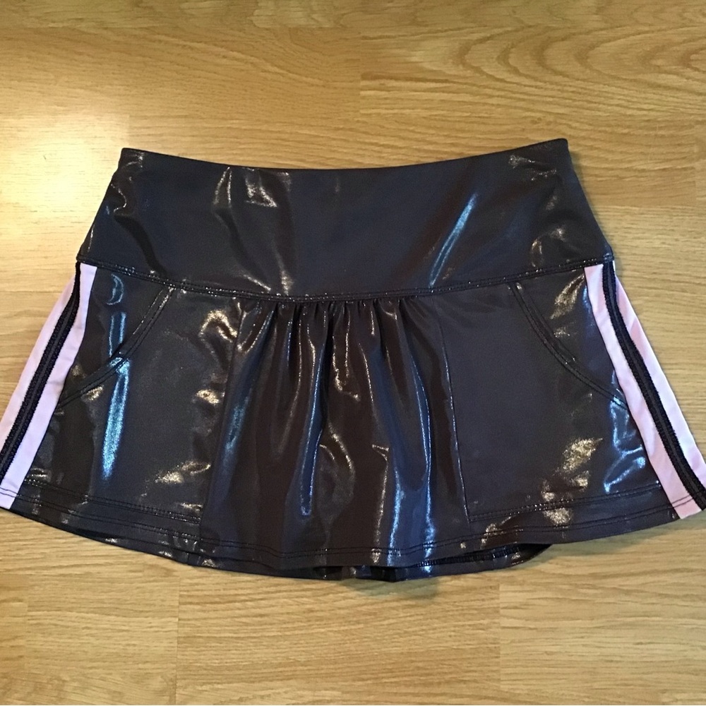 Lucky in Love Glossy Black Mini Skirt with Pink Side Stripes